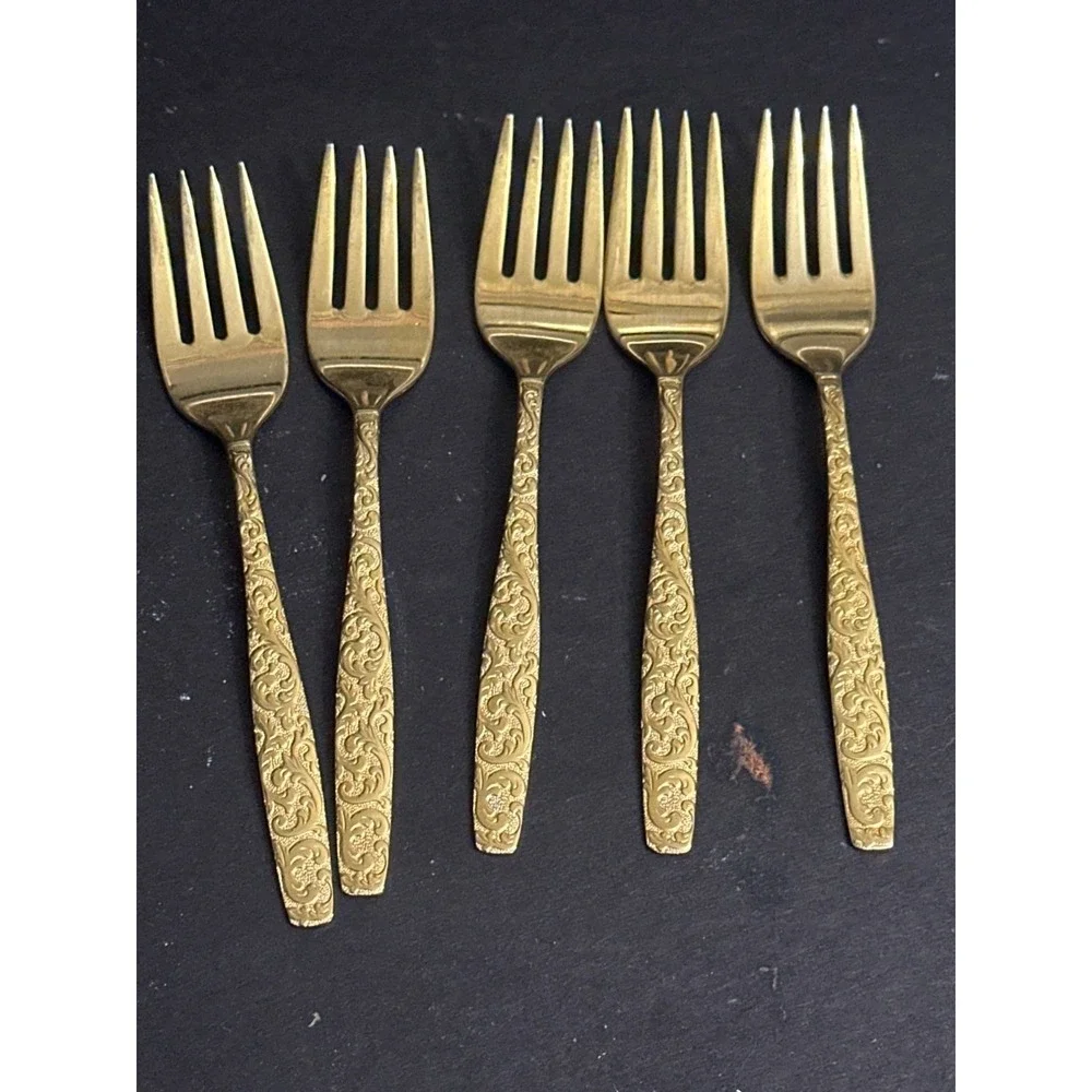 Americana Golden‎ Heritage Gold Electroplate Salad Forks Set of 5 Floral Scroll